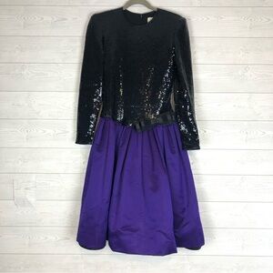 VINTAGE 70s JONATHAN HITCHCOCK BLACK SEQUIN PURPLE SATIN DRESS SIZE 6